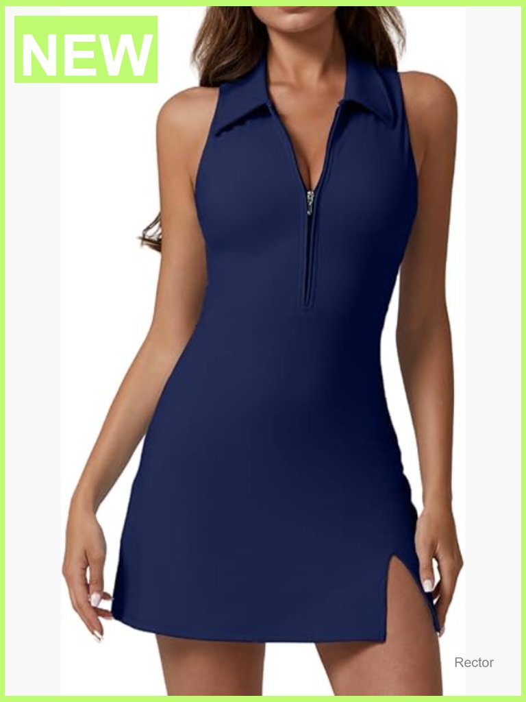 Womens Zip Front Tennis Dress Polo Collar Racer Back Workout Golf Dresses Built